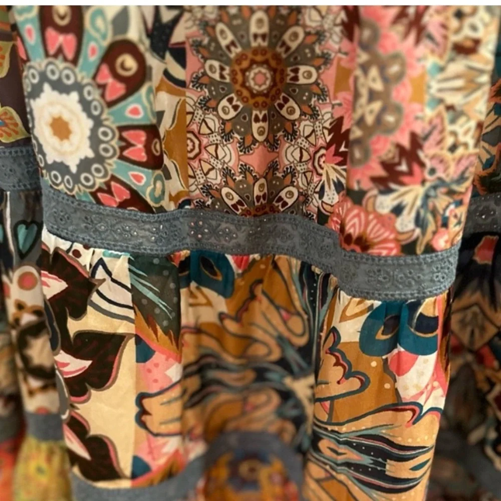 Johnny Was Kaleida Zenovia Silk Patchwork Midi Dress Size L Boho Tiered - Picture 12 of 14